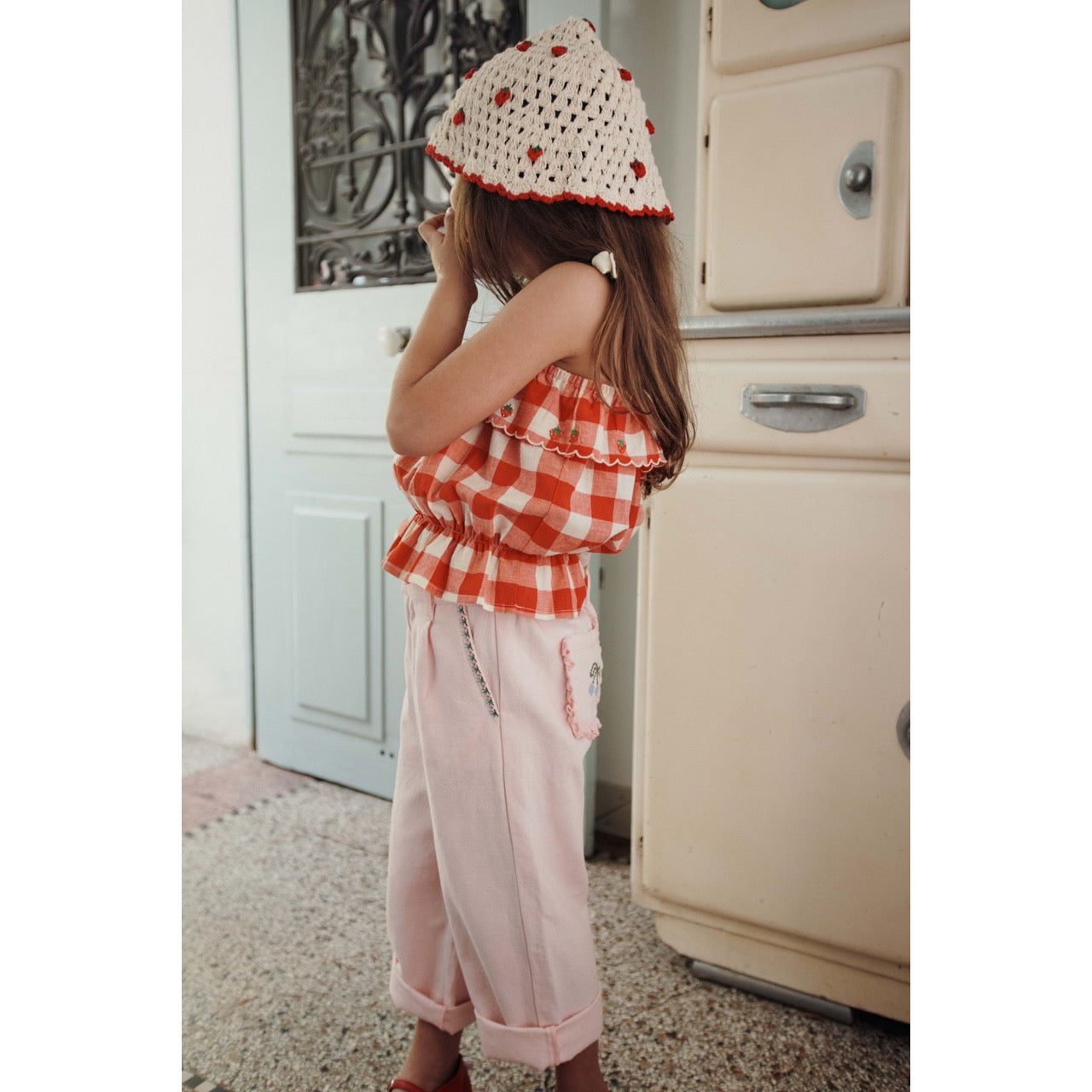 CHECKED EMBROIDERED TOP