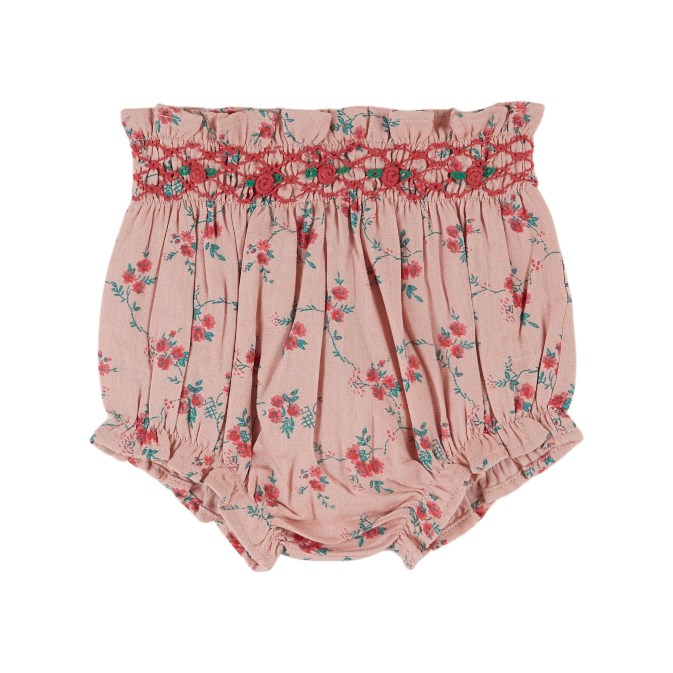 PINK SMOCKED BLOOMER WITH RED FLOWERS