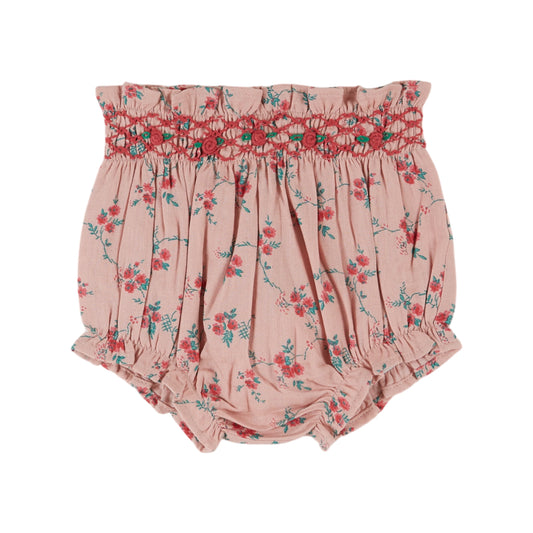 PINK SMOCKED BLOOMER WITH RED FLOWERS