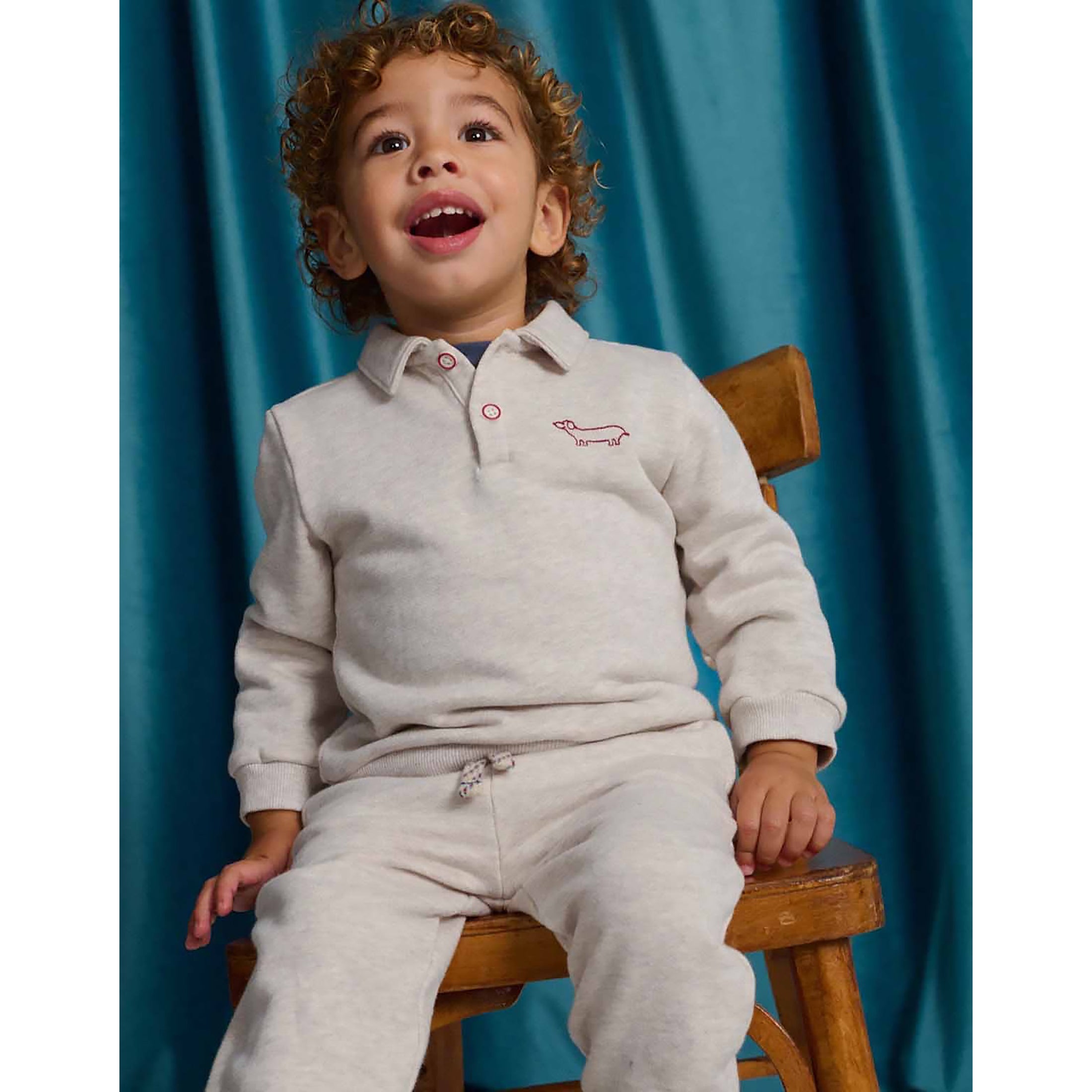 Gingersnaps Stefano French Terry Polo Pullover with Chest Dachshund Embroidery