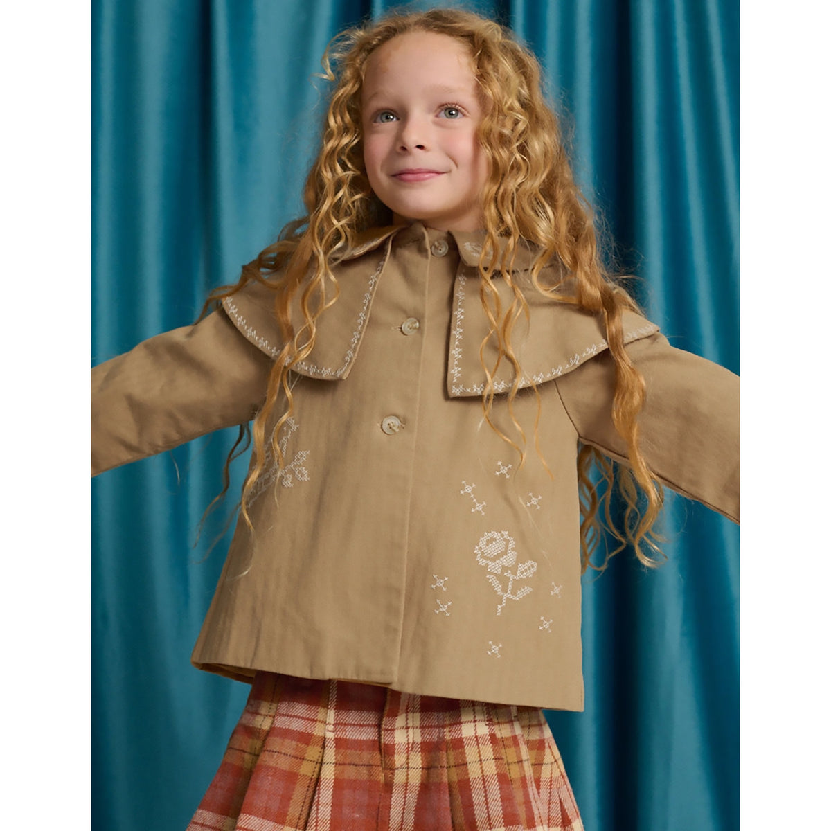 Gingersnaps Philippa Herringbone Cape Coat with Cross-Stitch Embroidery