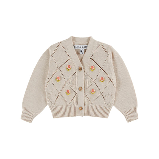 HAND-EMBROIDERED ECRU ORGANIC COTTON CARDIGAN