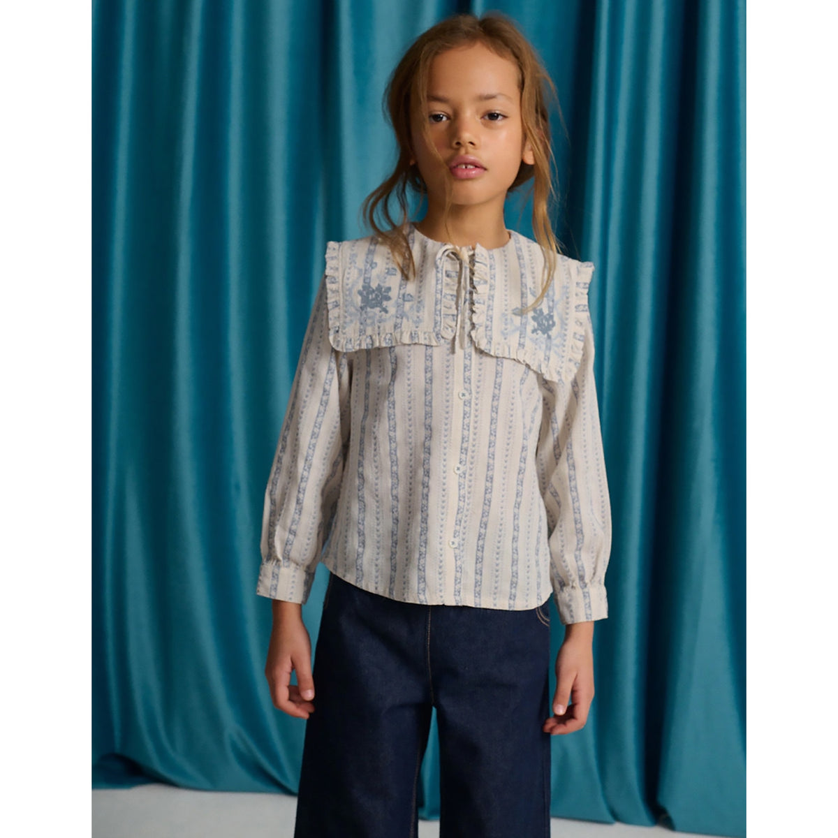 Gingersnaps Esmeralda Blouse with Embroidered and Ruffled Bib Collar