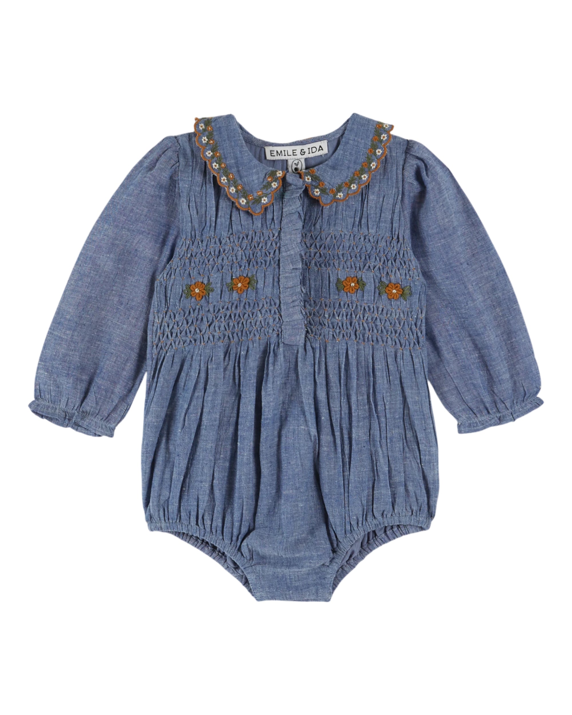 SMOCKED EMBROIDERED CHAMBRAY ROMPER