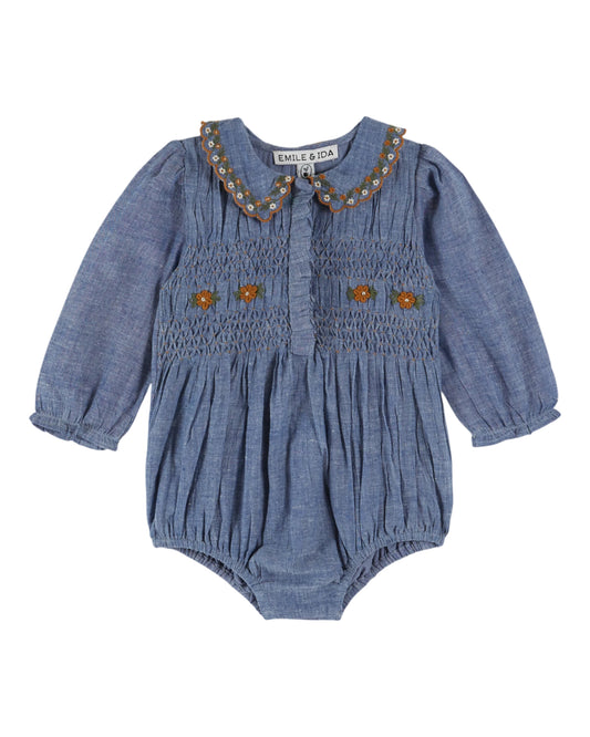 SMOCKED EMBROIDERED CHAMBRAY ROMPER