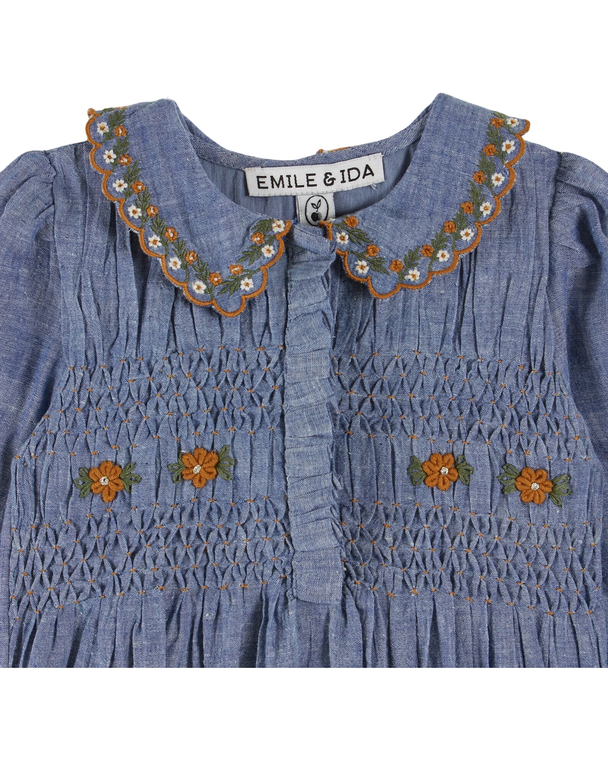 SMOCKED EMBROIDERED CHAMBRAY ROMPER