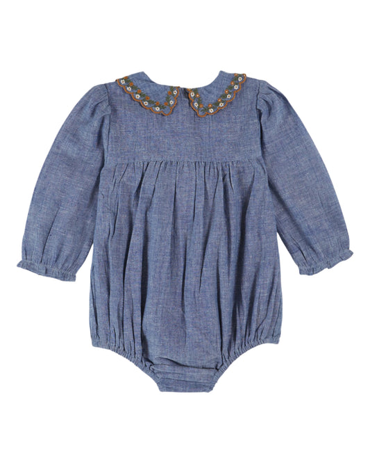 SMOCKED EMBROIDERED CHAMBRAY ROMPER