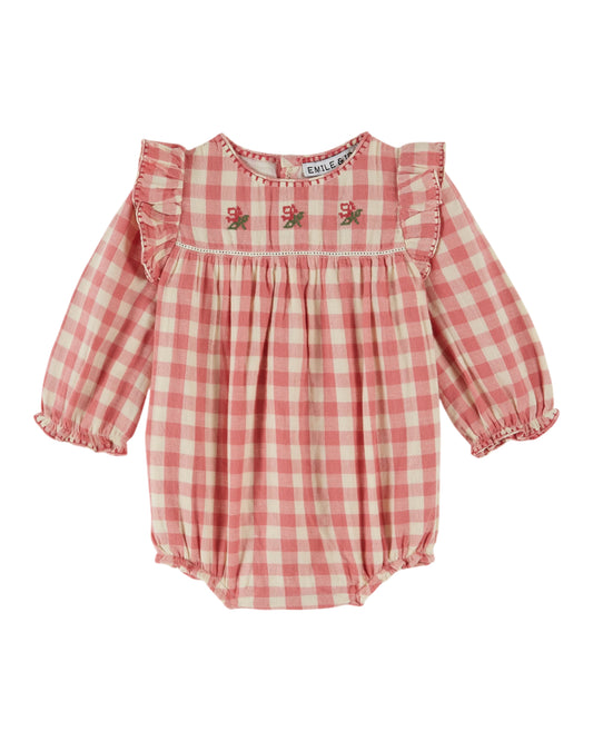 PINK GINGHAM EMBROIDERED ROMPER