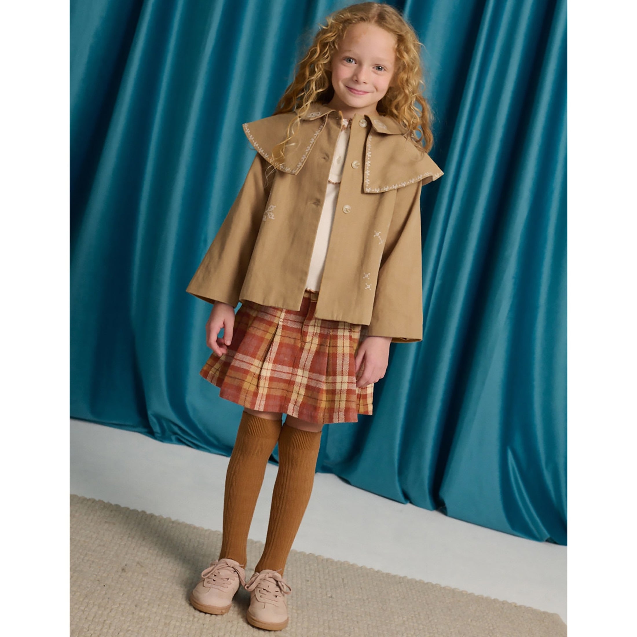 Gingersnaps Philippa Herringbone Cape Coat with Cross-Stitch Embroidery